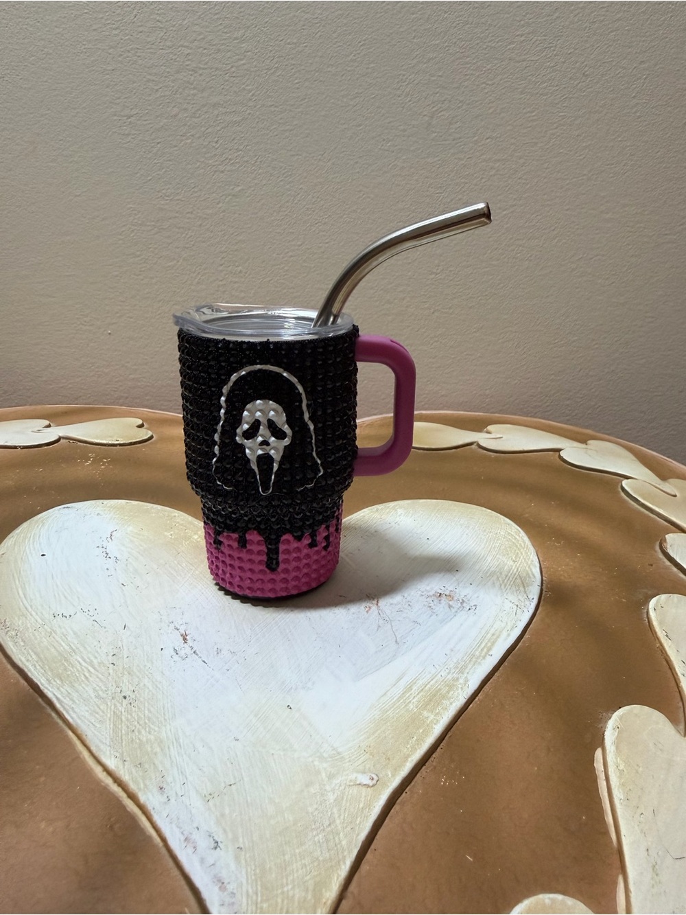 Spirit Halloween Black & Pink Rhinestones Ghost Face Lidded Shot Glass w/ Straw